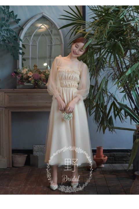 Champagne Square Neck Long Tulle Sleeves Chiffon Bridesmaid Dress