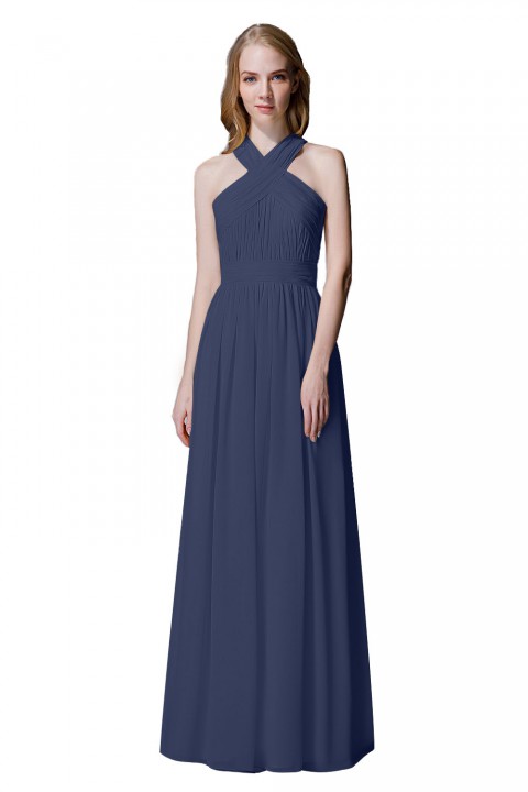 Criss-cross Halter Pleated Chiffon Bridesmaid Dress with Cross-straps Back