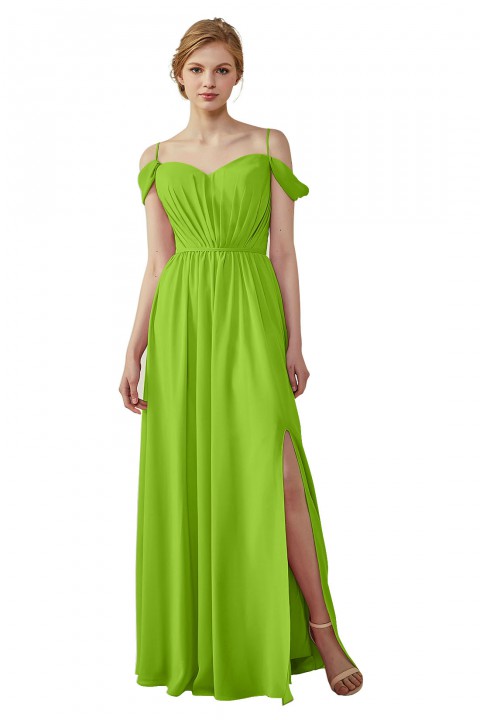 A-Line Cold Shoulder Spaghetti Straps Chiffon Bridesmaid Dress with Side Slit