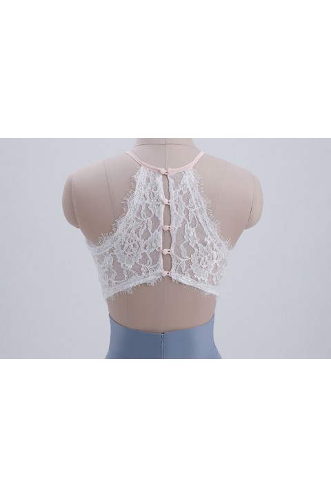 Illusion High Neck Lace Back with Button Top Bodice 