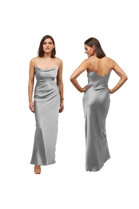 Silver Spaghetti Strap High Waist Luxe Satin Bridesmaid Dress