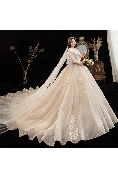 Plus Size 2021 Round Neck Deep V Tulle Sleeves Beaded Embroidered Flower Tulle Wedding Dress With Long Train