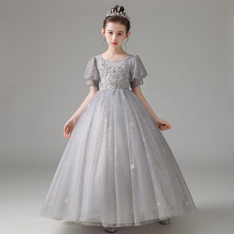 Vintage Round Neck Cap Sleeve Shiny Sequins Decor Tulle Skirt Girls Pageant Dresses