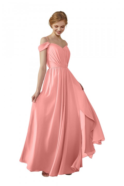 A-Line Cold Shoulder Spaghetti Straps Chiffon Bridesmaid Dress with Side Slit