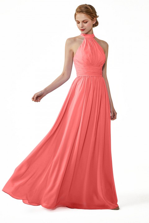 High Neck Chiffon Lace Triangle Back Halter Bridesmaid Dress