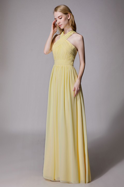 Criss-cross Halter Pleated Chiffon Bridesmaid Dress with Cross-straps Back