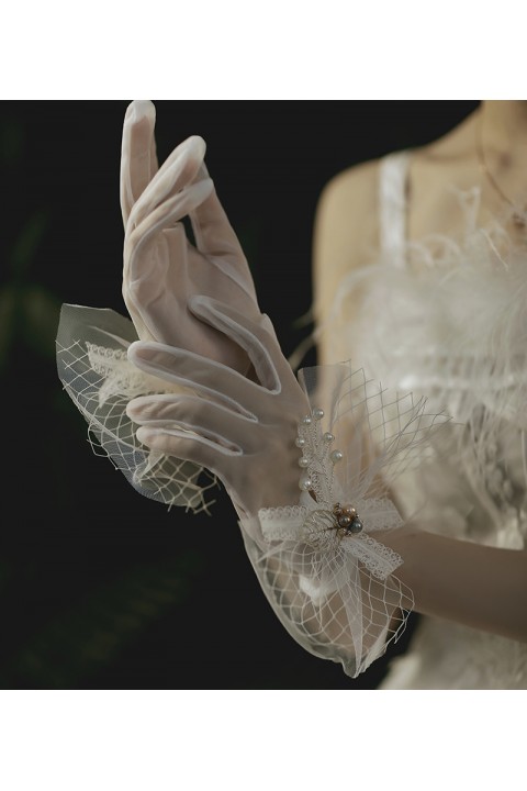 White Lace Bow Decor Thin Tulle Wedding Bridal Gloves