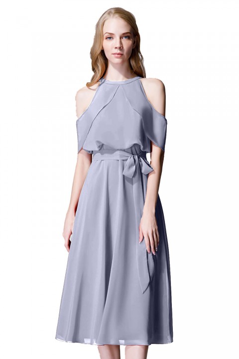 Flirty Off Shoulder Chiffon Ruffled Detachable Belt Bridesmaid Dress Short