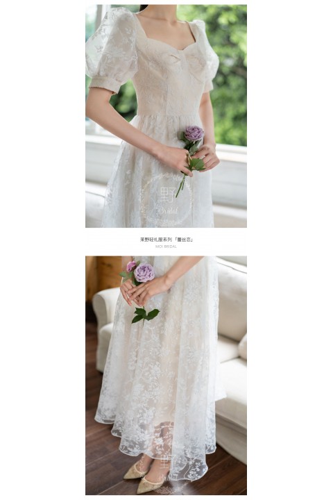 Fantasy Elegant White Square Sweetheart Neck Short Puff Sleeves High Waist Floral Lace Bridesmaid Dress