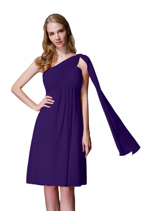 One-Shoulder Pleated Chiffon Short Bridesmaid Dress With Flowing Cape