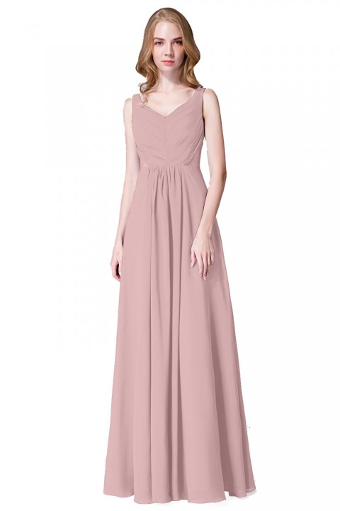 Elegant V-Back Chiffon Tank Bridesmaid Dress with Mesh Lace Inset