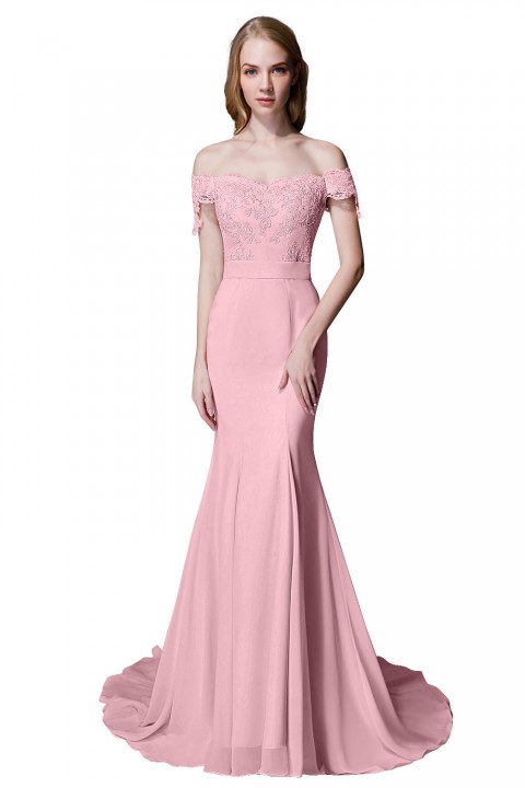 Elegant Mermaid Off Shoulder Chiffon Lace Straight Bridesmaid Dress with Train