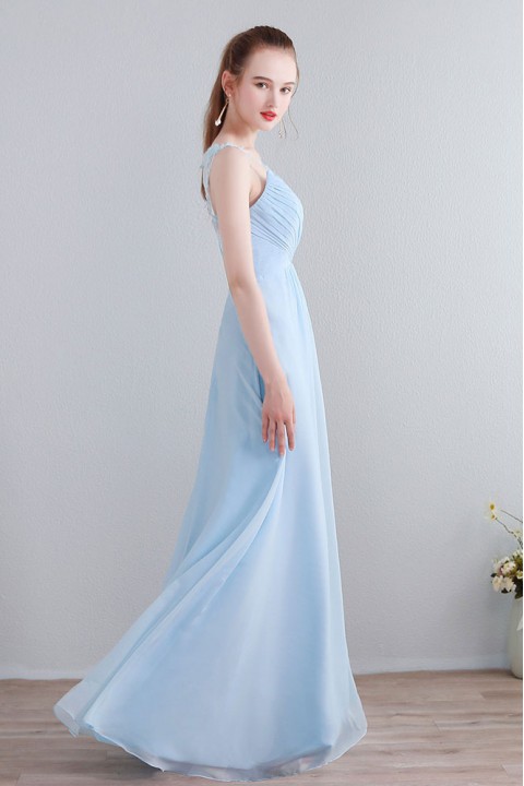 Lace Spaghetti Straps Illusion V Neck & Back Chiffon Bridesmaid Dress