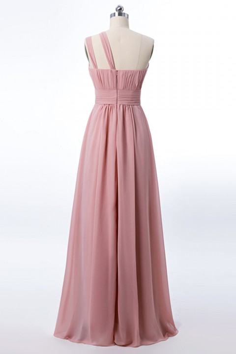 One Shoulder with Double-Straps Detail Pleated Bodice Floor Length Chiffon Bridesmaid Dress