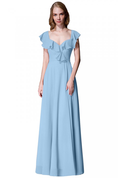 V Neck Cascading Ruffles Sleeve Bow Back Bridesmaid Dress 