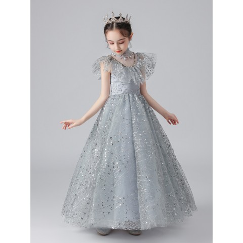 Light Grey Sleeveless Princess Tulle Skirt Flower Girl Dresses With Sequins