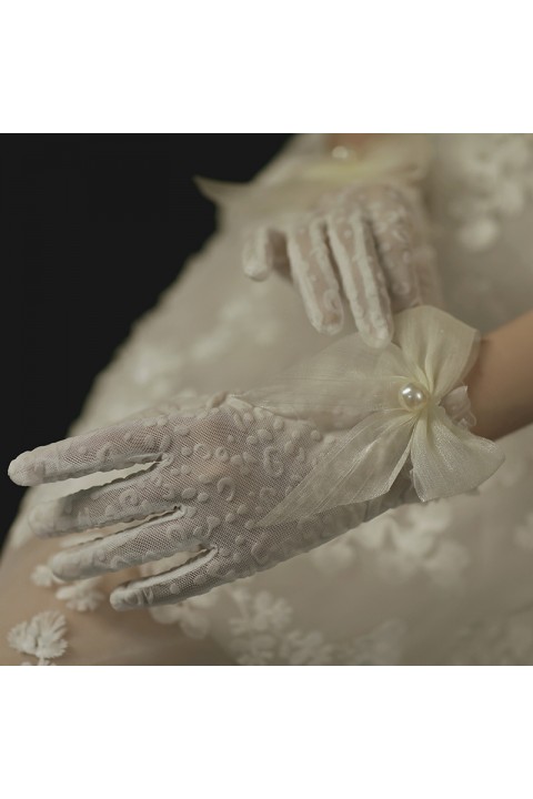 White Pearl&Bow Decor Elastic Tulle Wedding Bridal Gloves