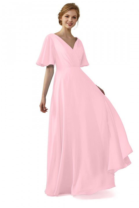 Casual V-Neck Flutter Sleeves Chiffon Ruched Bridesmaid Dress with Keyhole Back