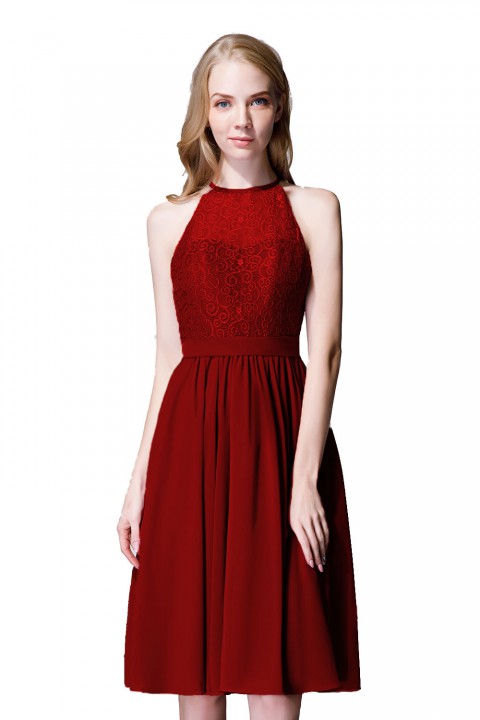 Illusion High Neck Halter Lace Short Bridesmaid Dress with Tie Detail