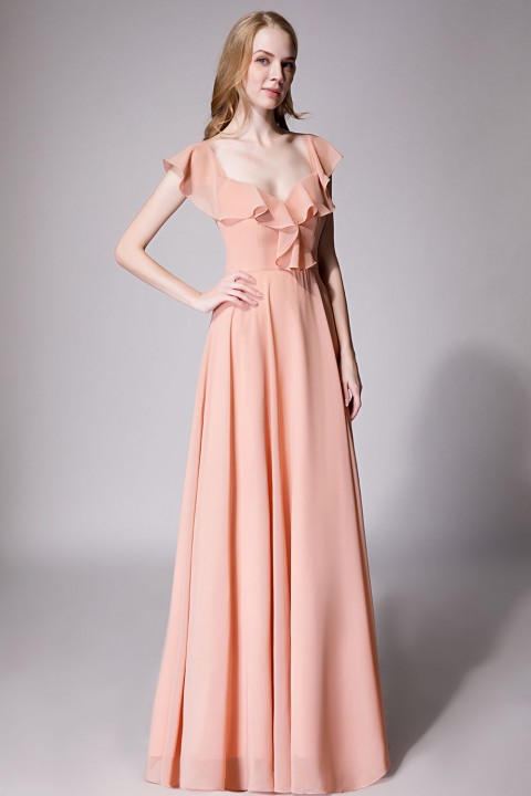 V Neck Cascading Ruffles Sleeve Bow Back Bridesmaid Dress 