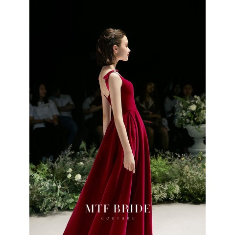 Burgundy Bowknot Decor Straps Velvet Party Dress