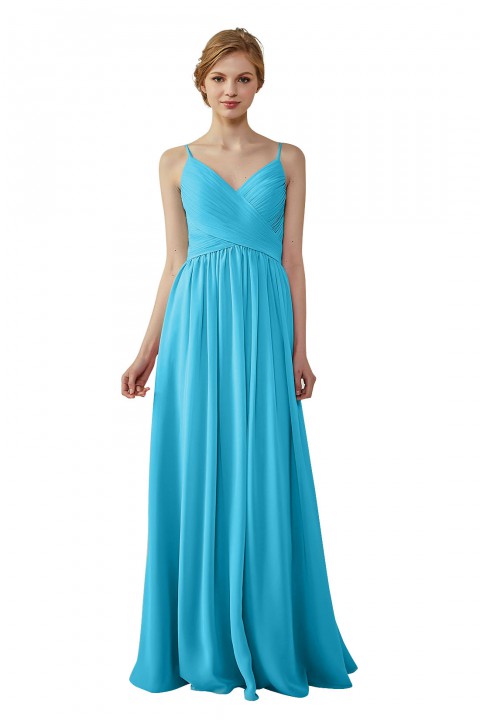 Spaghetti Straps Pleated Low V Back Bridesmaid Dress