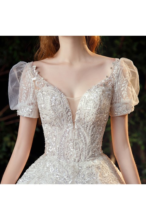 New 2021 Deep V-neck Puff Sleeves Beaded & Sequin Embroidered Fantasy Tulle Wedding Dress With Long Train