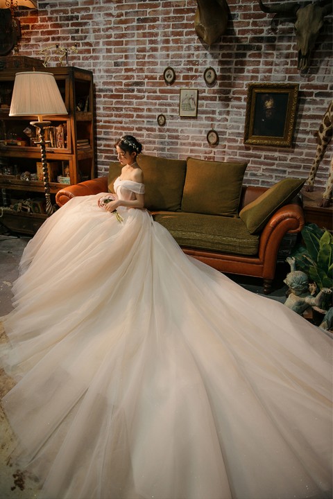 Off Shoulder Pleated Corsage Back Ball Gown Tulle Wedding Dress with Train