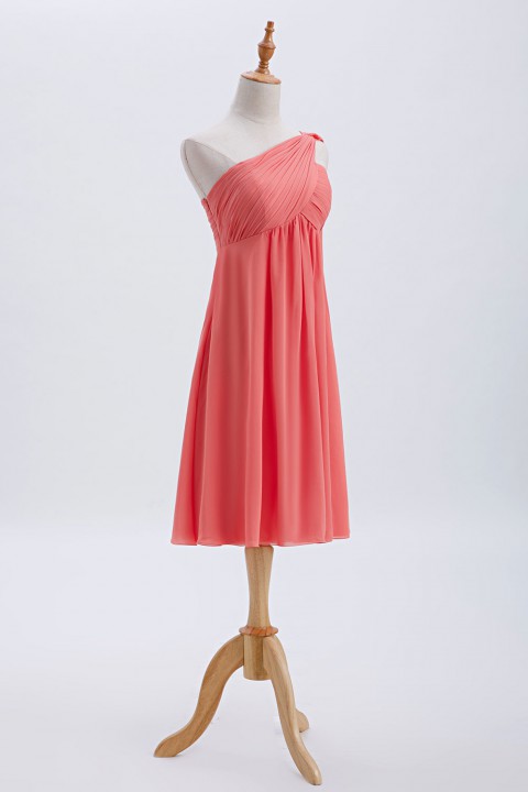 One-Shoulder Pleated Chiffon Short Bridesmaid Dress With Flowing Cape