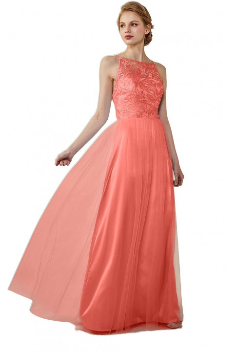 Tulle Lace Illusion Boatneck and Back Bridesmaid Dress with Keyhole 