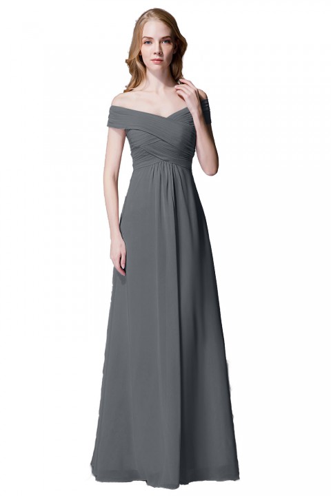 Crisscross Off-the-Shoulder Pleated V-back Bridesmaid Dress Long