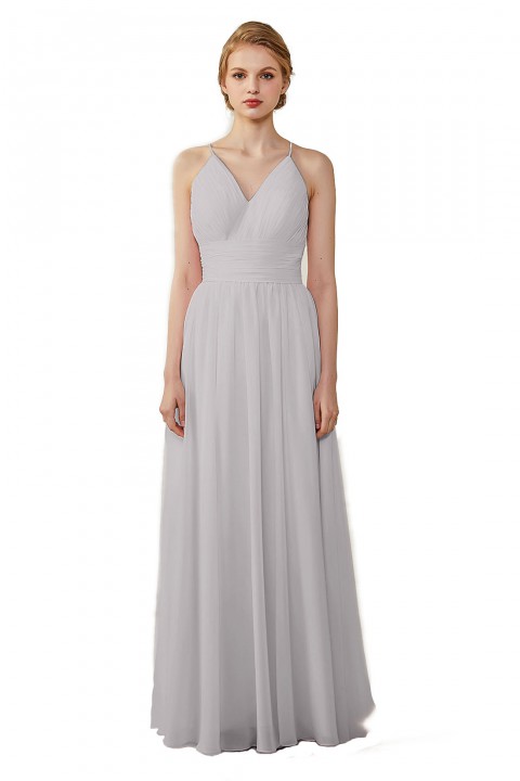 Spaghetti Straps V-Neck Bridesmaid Dress Open Back with Triangle Lace Detail