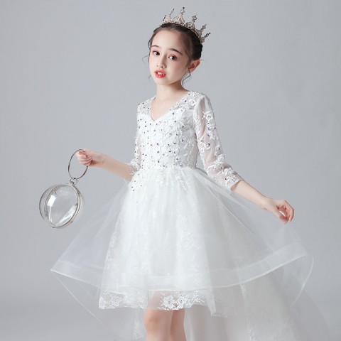 White Short Sleeves Princess Tulle Skirt After Short Before Long Flower Girl Dresses