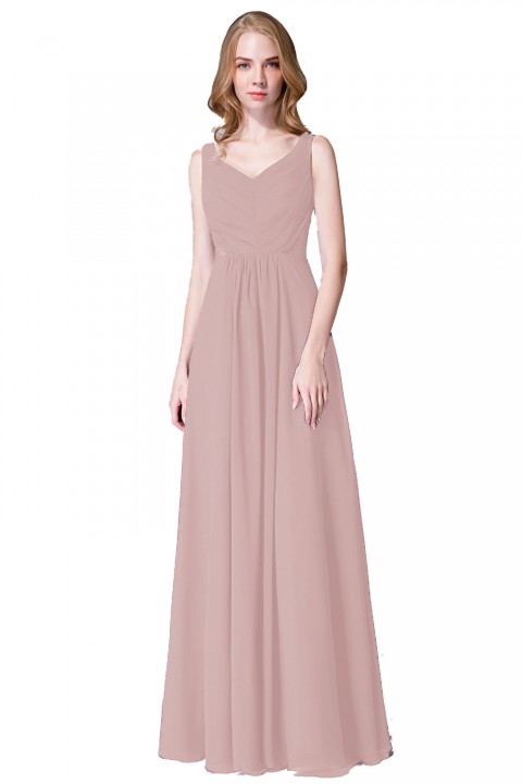 Elegant V-Back Chiffon Tank Bridesmaid Dress with Mesh Lace Inset