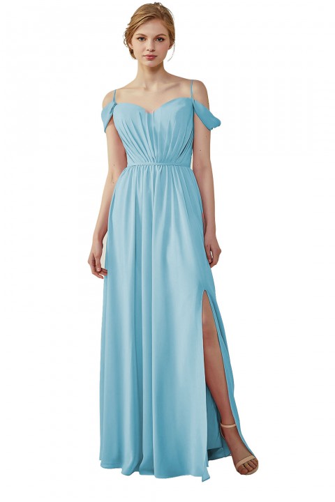 A-Line Cold Shoulder Spaghetti Straps Chiffon Bridesmaid Dress with Side Slit