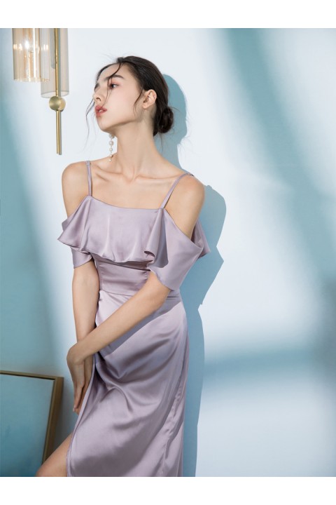 Lavender Cold Shoulder Flounce Decor High Split Luxe Satin Bridesmaid Dress