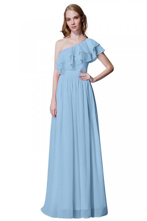 Asymmetrical One-Shoulder Flounce Chiffon Bridesmaid Dress Long