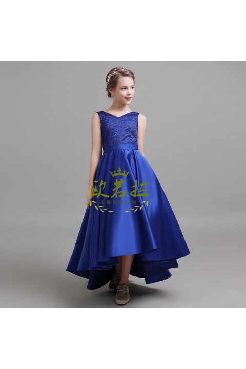 V Neck Sleeveless Bow In Back Satin Long-short Skirt Junior Bridesmaid Dresses