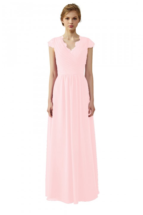 Lace Cap Sleeves  V-Neck Lace Back Closure with Keyhole Bridesmaid Dress