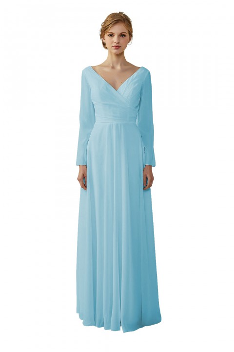 Long Sleeve Illusion Lace Back Closure V-Neck Elegant Bridesmaid Dress