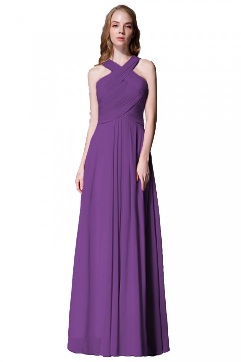 Chic Criss-cross Halter Pleated Chiffon Bridesmaid Dress Long