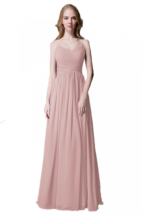 Spaghetti Straps Pleated Chiffon Bridesmaid Dress with Lace Open Back