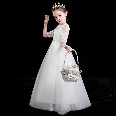 Elegant White Long Sleeves Princess Tulle Skirt  Flower Girl Dresses