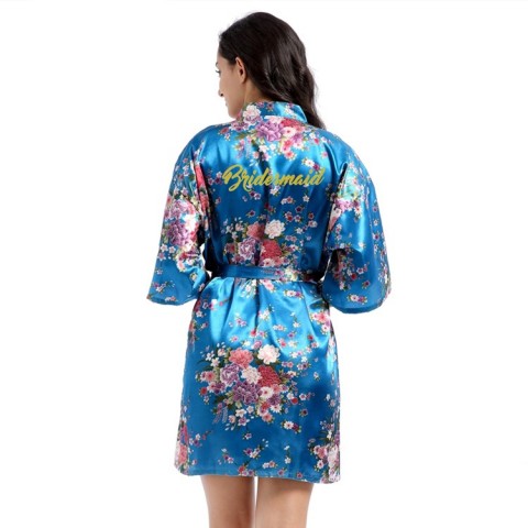 Floral Slogan Printed Tied Waist Silk Bridesmaid Robe