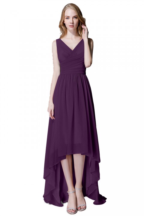 Romantic High-Low V-Neck Chiffon Ruched Bridesmaid Dress