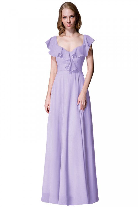 V Neck Cascading Ruffles Sleeve Bow Back Bridesmaid Dress 