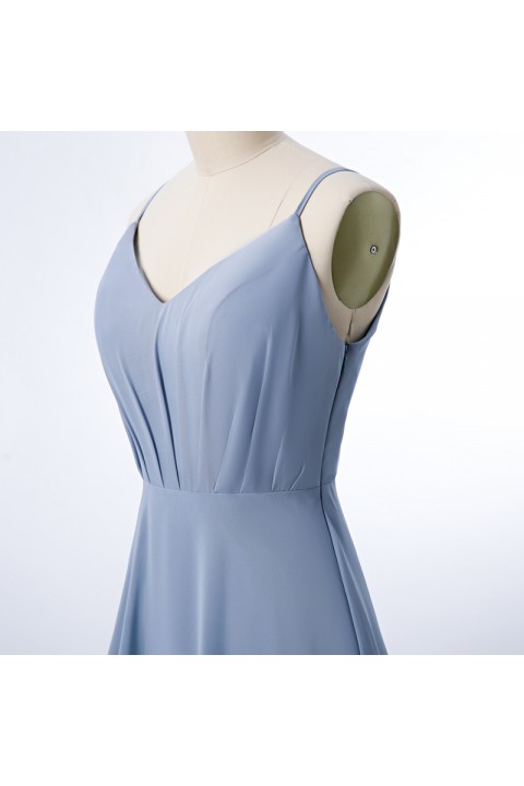 Adjustable Spaghetti Strap V Neck & Back Soft Ruched A-line Bridesmaid Dress