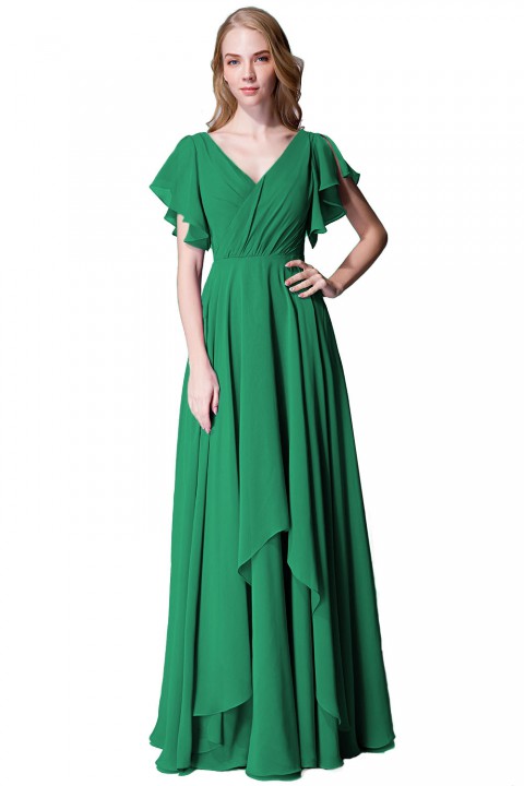 Flutter Sleeve Chiffon Ruched V Back Bridesmaid Dress Long