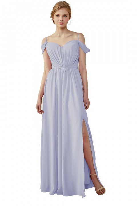 A-Line Cold Shoulder Spaghetti Straps Chiffon Bridesmaid Dress with Side Slit