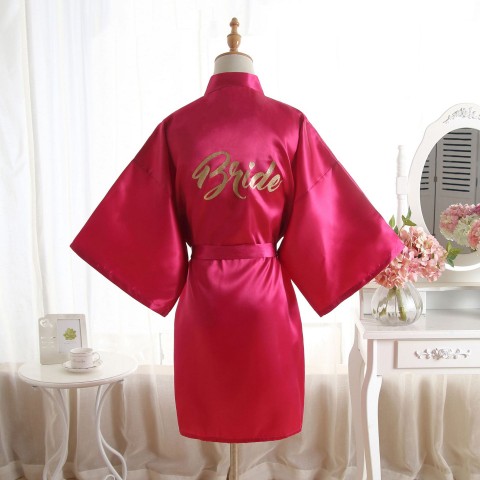 Slogan Printed Tied Waist Silk Bride Robe